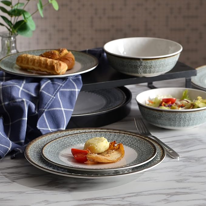 Melamine Dinnerware Sets,12pcs Plates and Bowls Sets, Melamine Dishes Set for 4, Unbreakable,Dishwasher Safe, BPA Free,Great for Indoor Use,Camping, BBQ,RV, Party,Rustic Style (Teal)