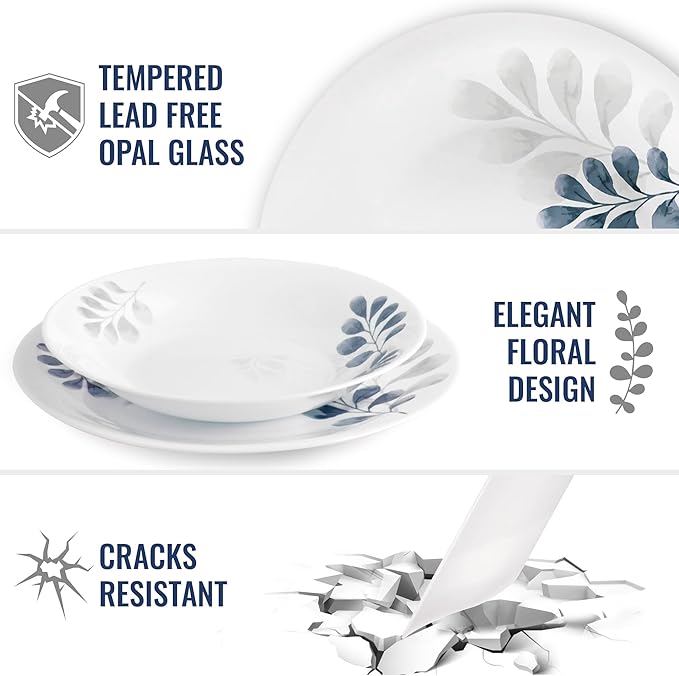 Bormioli Rocco White Moon Botanica Blue, Set Of 6, 7.75" Dessert Plates, Tempered Opal Glass Dishes, Dishwasher & Microwave Safe, Made In Spain.