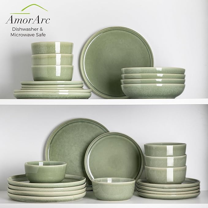AmorArc Stoneware Dinnerware Sets,Round Reactive Glaze Ceramic Plates and Bowls Sets,Highly Scrath Resistant | Dishwasher & Microwave Safe,Service for 8 Dishes Set (24pc)