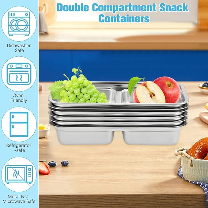 4 Pack Stainless Steel Snack Containers Reusable, Grab and Go 2 Compartment Food Storage Containers with Leakproof Lids for Snacks, Dips, Travel, Takeout & Outdoor Camping