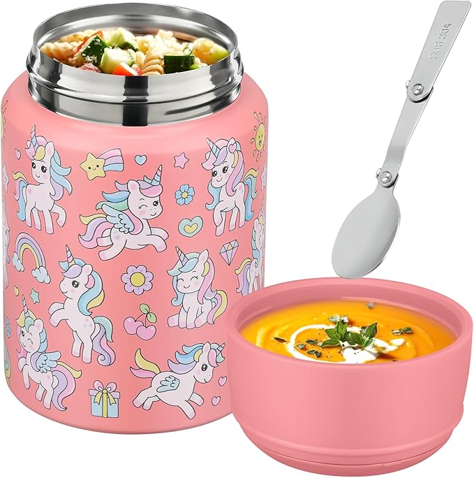 17oz Soup Thermo for Hot Food Kids Insulated Food Jar,Thermo Hot Food Lunch Container, Width Mouth Stainless Steel Lunch Box for Kids with Handle Folding Spoon (Pink-Unicorn)