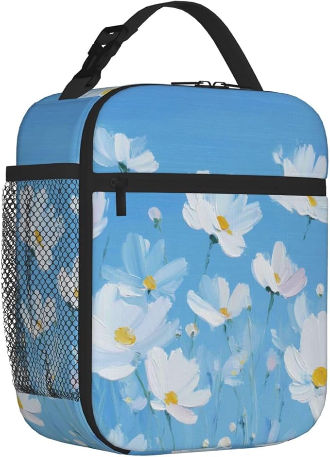 SUPLUCHOM Lunch Bag Flower Painting Blue Insulated Bento Box Cooler with Side Pocket for Girl Boy Women Men Work School Picnic Hiking Daytrip