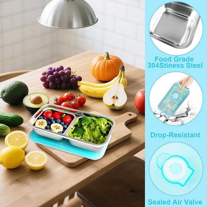 Zkptops 2Pcs Grab and Go Snack Containers Stainless Steel Reusable Snack Condiment Box with Lids Double Compartment Food Storage Container Dishwasher Divided Lunch Meal Container for School Travel