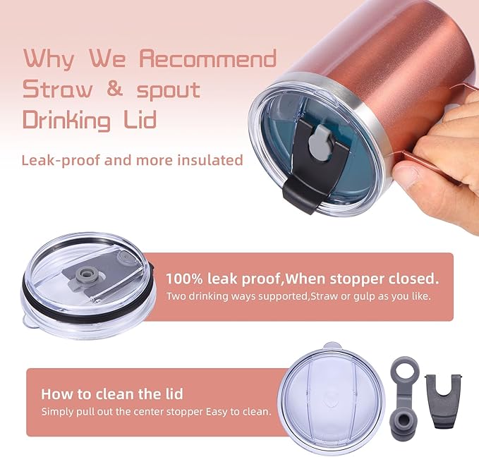 Volhoply 12oz Insulated Leakproof Coffee Mug with Flip & Straw Lid Bulk 2 Pack,Double Wall Vacuum Stainless Steel Travel Tumbler Cup with Handle,Reusable Camping Mugs Keep Cold/Hot(Rose Gold,2 Set)