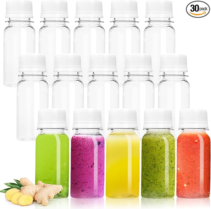 30 Pcs 2 Oz Small Plastic Bottles for Liquids,Ginger Shot with Caps,Empty Shot Bottles for Liquor,Juice,Weddings,Parties,DIY