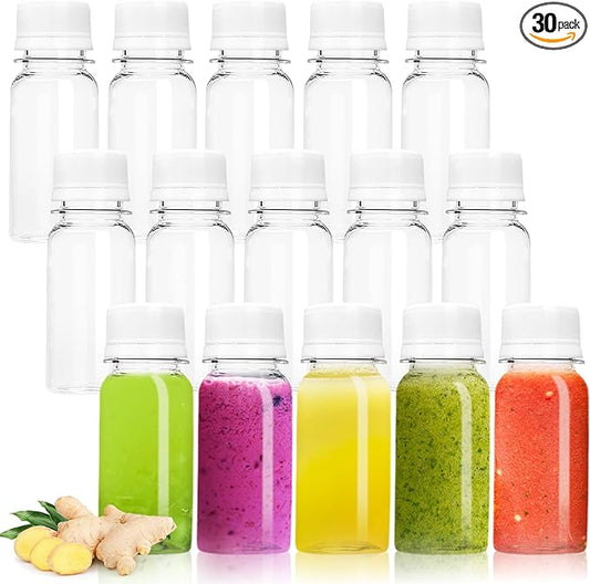 30 Pcs 2 Oz Small Plastic Bottles for Liquids,Ginger Shot with Caps,Empty Shot Bottles for Liquor,Juice,Weddings,Parties,DIY