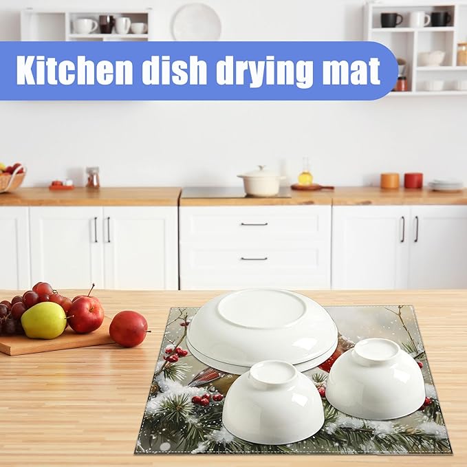 Winter Cardinal Bird Dish Drying Mat for Kitchen Counter Snow Drying Pad Absorbent Reversible Dish Drainer Rack Mats Draining Pad 18"x24"Inch