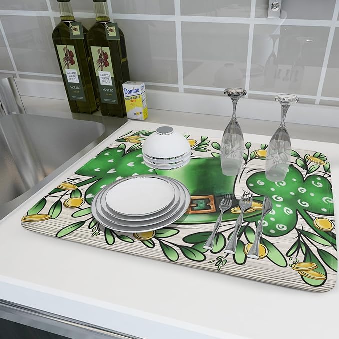 St Patrick's Day Shamrock Dish Drying Mat 18x24 inch Eucalyptus Leaves Dishes Pad Dish Drainer Mats Absorbent Fast Dry Kitchen Accessories