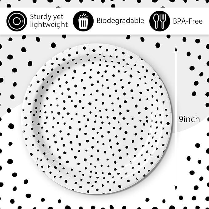 Zhehao 50 Pcs Black Painted Dots Paper Plates 9 Inch Disposable Summer Plates Party Decoration for Birthday Picnic Spring Wedding Baby Shower