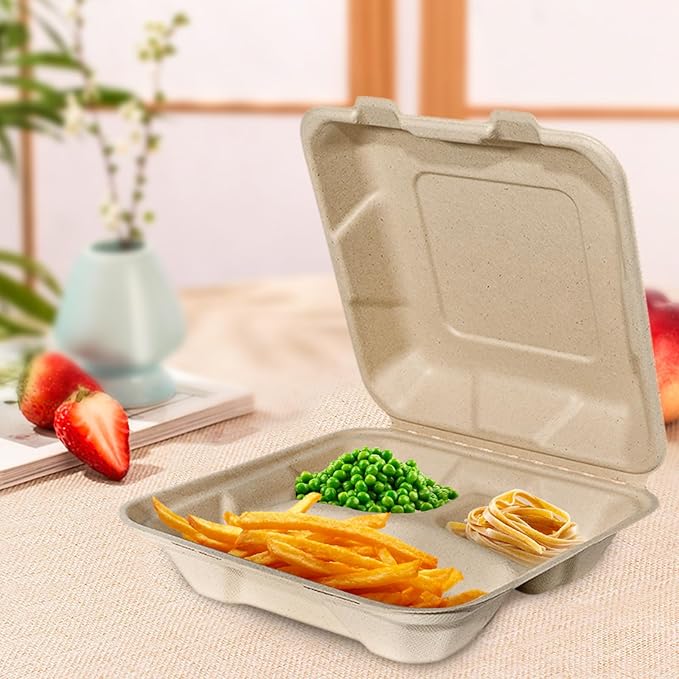 Aricsen Compostable 100 Pack 8x8 Inch 3 Compartment Takeout Lunch Box Containers with Lid To Go Take Out Clamshell for Food, Disposable Eco-Friendly Biodegradable Bagasse, PFAS-Free, Unbleached Brown