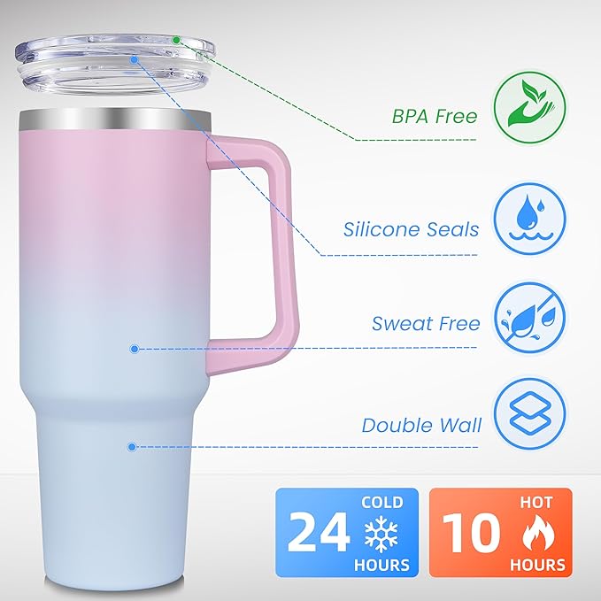DOMICARE 40 oz Tumbler with Handle and Straw, Stainless Steel Tumbler with Lid and Straw, Reusable Vacuum Insulated Cup, Travel Coffee Mug, Dreamy Pink Blue, 1Pack