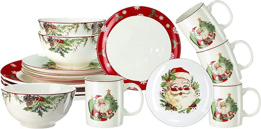 Pickmesh 16 Pcs Santa Christmas Dishes Dinnerware Set for 4 Guest Holiday Dinner Plates Ceramic Santa Claus Salad Plates Christmas Tree Bowl Mug Vintage Xmas Gift for Holiday Party Kitchen Decoration