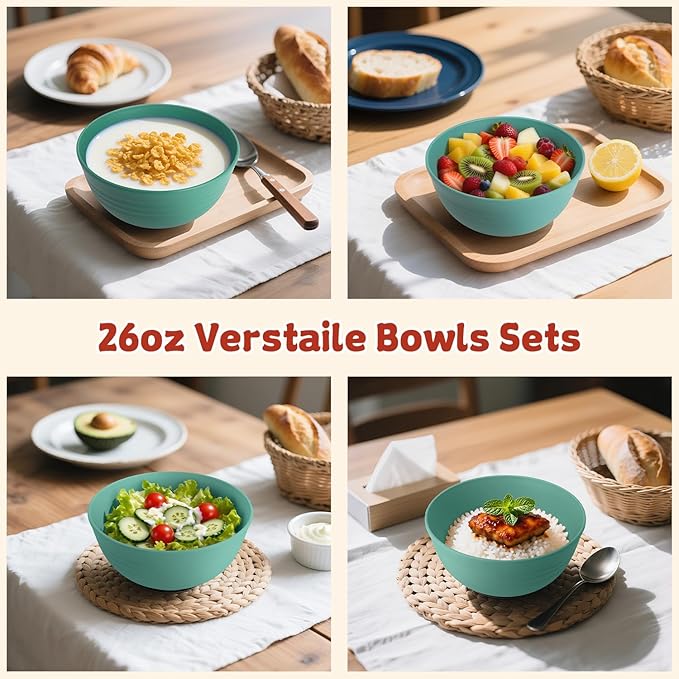 Wrova 6-piece Wheat Straw Bowls sets 26oz,Alternative Plastic Bowls Reusable for indoors and outdoors,Microwave-able and Dishwasher Safe Bowls Sets Easy to Clean.Green Series