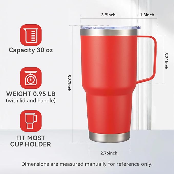 30 oz Tumbler with Handle and Lid, Stainless Steel Tumblers Bulk Double Wall Vacuum Insulated Travel Mug Leak Proof Cup Keep Drinks Cold and Hot Red, 8 Pack