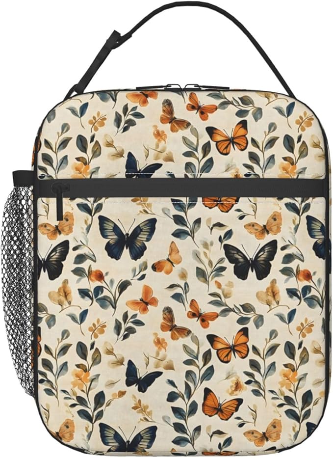 Butterfly Floral Lunch Box for Teen Kids, Vintage Reusable Thermal Lunchbag, Picnic, School, Hiking, Fishing, Animal Insulated Tote Cooler Bags for Adults Women Decor Gifts, Spring Theme