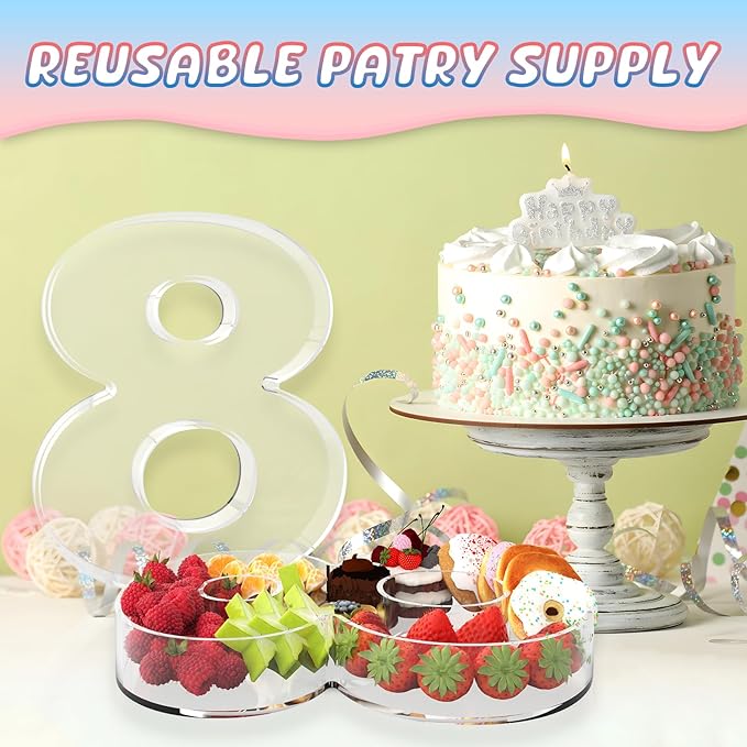 13.8" Extra Large Acrylic Number Charcuterie Board Box, Reusable Fillable Number Cake Candy Dish Display Serving Tray for Birthday Anniversary Party Decoration (8)