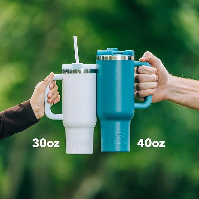RTIC 40 oz Road Trip Tumbler Double-Walled Cermaic Lined Insulated Stainless Steel Portable Travel Coffee Mug Cup with Lid, Handle and Straw, Marine