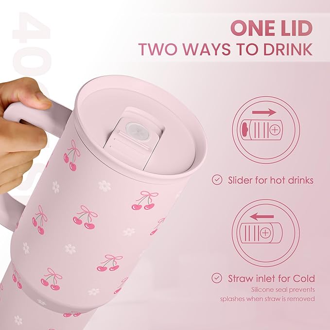 Cherry 40oz Slider Tumbler with Handle and Straw - Insulated Stainless Steel Travel Coffee Mug for Women Girls, Gift for Birthday Christmas