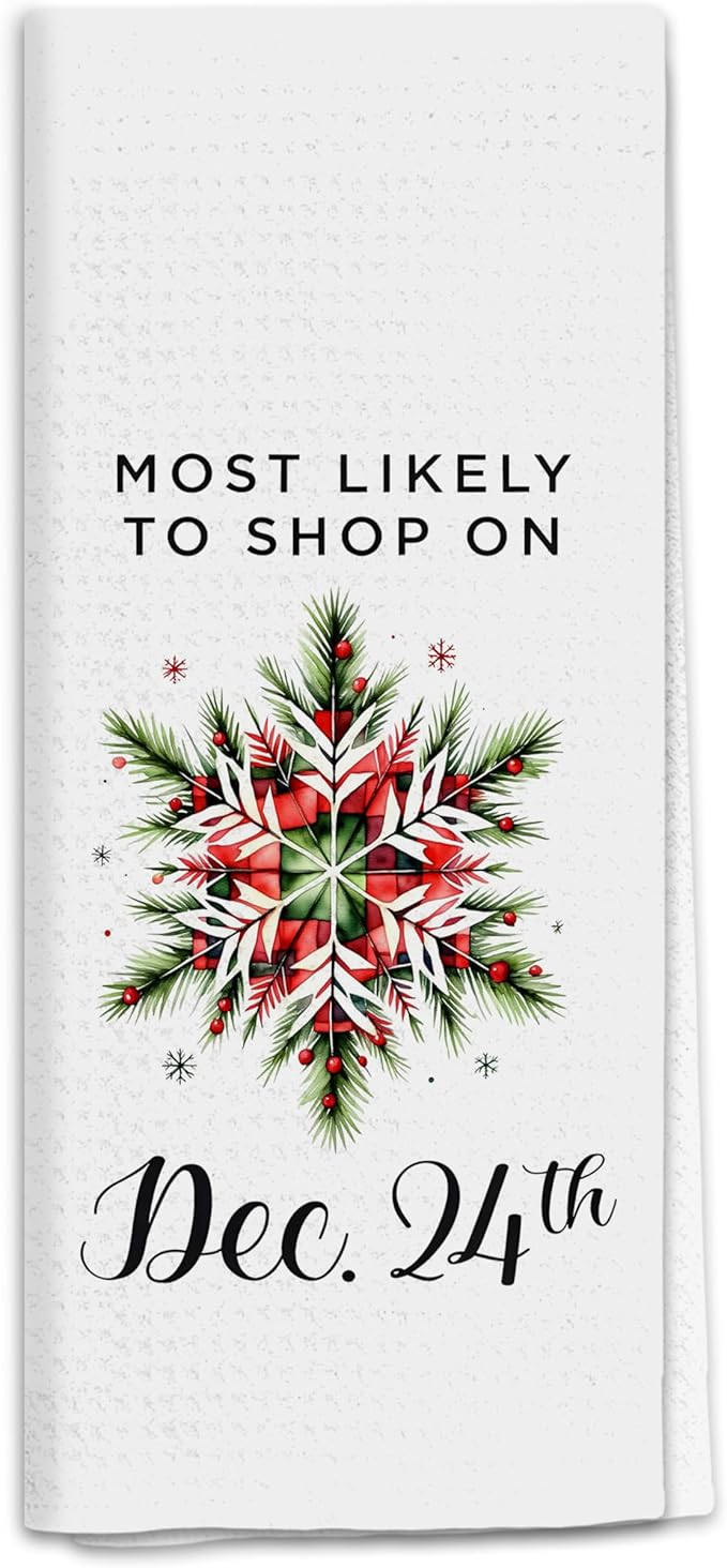Christmas Eve Kitchen Towels, Rustic Winter Xmas Dish Tea Towels for Kitchen, Red and Green Christmas Pine Snowflake Decorative Hand Towel for Bathroom, 16x24 Inch