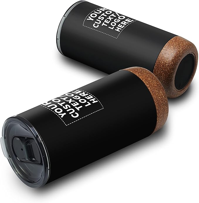 DISCOUNT PROMOS Custom Travel Tumblers with Cork Bottom 16 oz. Set of 1, Personalized Bulk Pack - Double Wall Insulated, Matte Finish, Perfect for Iced Coffee, Soda, Other Beverages - Black