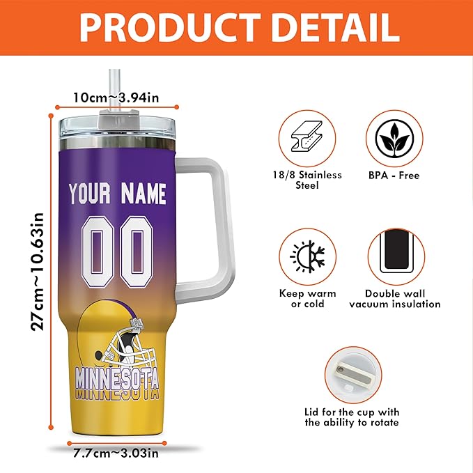 Custom Football Tumbler with Handle & Straw, Personalized 40oz Stainless Steel Insulated Travel Mug, Name & Number Cup, Sports Gift for Game Day Fans (Minnesota)