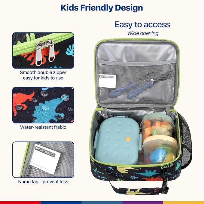 Bagseri Kids Lunch Bag with Ice Pack - Kids Lunch Box for Boys Reusable and Insulated Lunch Bag Toddler Lunch Box for Daycare and School, Black Dinosaur