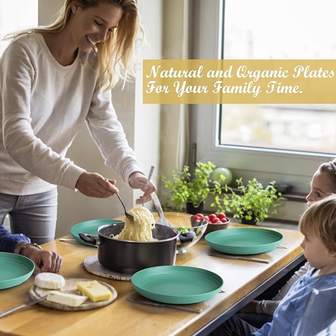 Wrova Wheat Straw Plates - 10 Inch Unbreakable Dinner Plates Set of 8 - Dishwasher & Microwave Safe Plastic Plates Reusable for Indoors and Outdoors (Green)