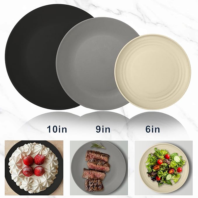 Wrova 40Pack plates and bowls sets for dinner - Unbreakable wheat straw dinnerware sets service for 8 - Alternative plastic 40pcs dish sets for camping,picnic and R.V. - (Black & Grey)