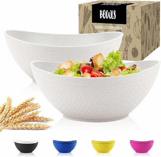 Wrova Wheat Straw Bowls Set of 2 with Textured Pattern,Unbreakable Large Salad Bowls,Plastic Bowls Dishwasher & Microwave,Sturdy and Stackable Kitchen Bowl Sets for Serving,Oatmeal.White