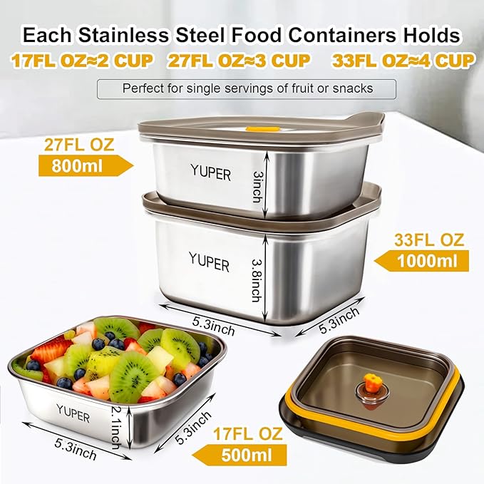 YUPER Stainless Steel Food Containers, Meal Prep Containers, Bacon Cheese Sandwich Container for Refrigerator, Stainless Steel Containers with Airtight Lids, 3 Pack (17+27+33OZ)