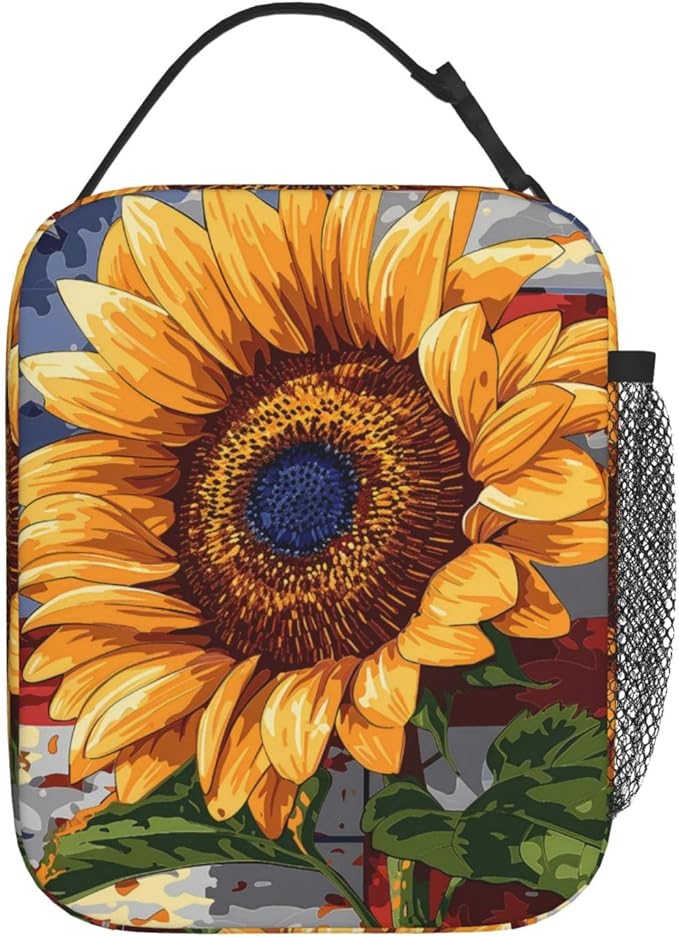 Sunflower Lunch Box for Kids Aldults, Patriotic Floral Reusable Thermal Insulation Cooler Tote Bags, American Flag Rustic Bloom Insulated Bag for Student, School Picnic Camping Travel, Gifts