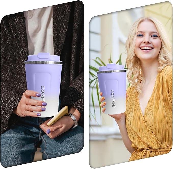 Travel coffee mugs leak-proof, reusable coffee cups with lids, stainless steel vacuum thermos coffee tumblers,thermal insulation cups for men and women hot & cold drinks (2nd-Purple White, 17OZ)