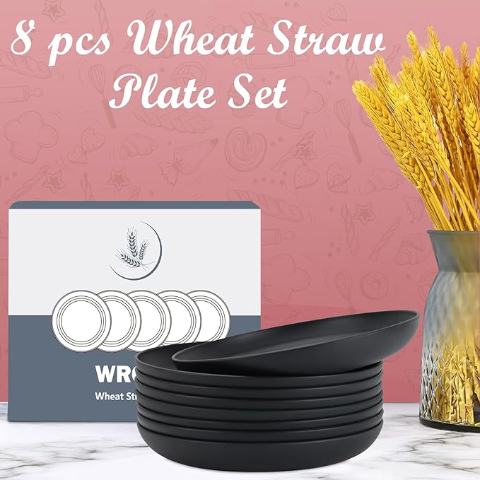 Wrova Wheat Straw Plates - 10 Inch Unbreakable Dinner Plates Set of 8 - Dishwasher & Microwave Safe Plastic Plates Reusable - Lightweight Plate for kitchen,camping (Pure Black)