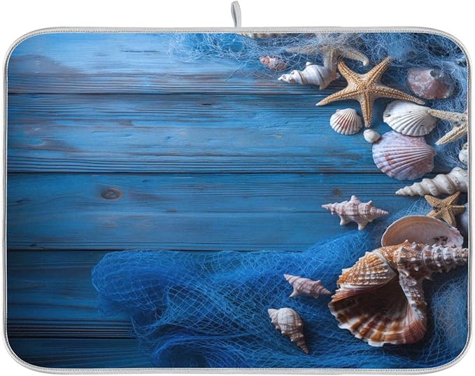 Blue Fishing Nets Seashells Starfish Dish Drying Mat for Kitchen Counter Super Absorbent Dishes Pad Reversible Microfiber Protector Dish Draining Mats 18x24 inch