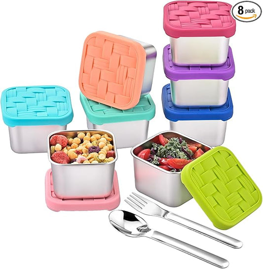 8PC 6oz Stainless Steel Snack Containers with lids, BPA-Free Metal Kids Snack Cups with Fork and Spoon, Leakproof Lunch Box Containers，Resuable Baby Food Storage Bowl