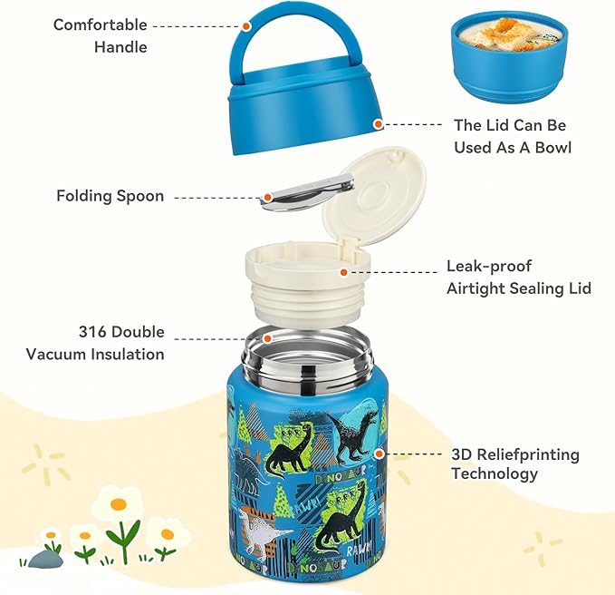 17oz Soup Thermo for Hot Food Kids Insulated Food Jar,Thermo Hot Food Lunch Container, Width Mouth Stainless Steel Lunch Box for Kids with Handle Folding Spoon(Blue - Dinosaur)