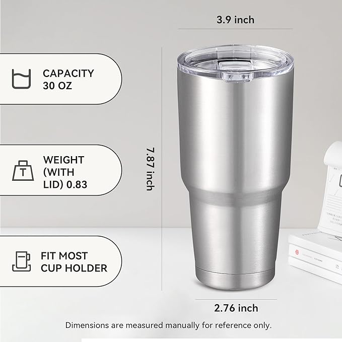 30 oz Tumbler with Lid Stainless Steel Tumblers Vacuum Insulated Cup Reusable Powder Coated Travel Mug Double Wall Leak Proof Portable Cups Keep Cold Drinks for 12 Hours, Stainless, 1 Pack
