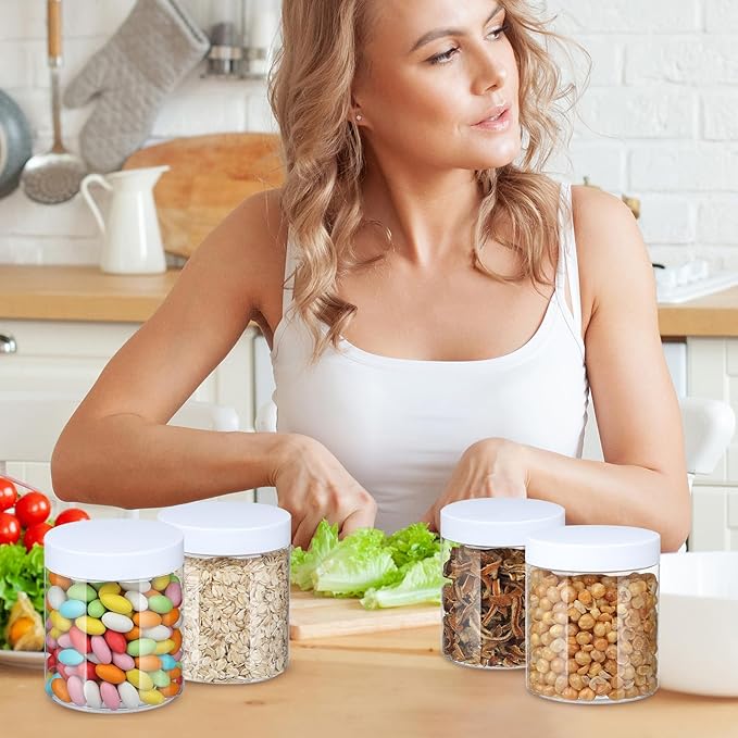 Plastic Jars with Lids,Airtight Container Ideal For Dry Food, Honey Jam, Peanut Butter,Cosmetics, Cream, Bathroom and Storage Included Extra Label and A Pen (30 PCS White Lids)