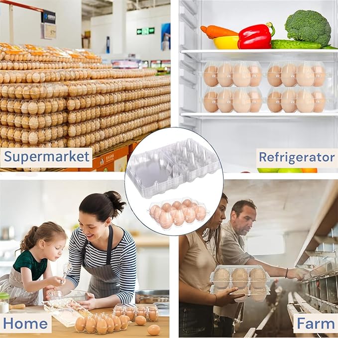 100 Packs Egg Cartons, 3 * 4 Grids Plastic Clear Egg Trays for 12 Eggs, Reusable and Durable, Egg Container Holder with Date Label for Family, Storage, Chicken Farm, Market, Transport