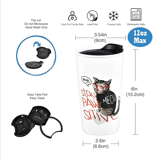Ceramic Travel Coffee Mug, Reusable White Mug Unique To Go Coffee Cup with Splash Resistant Lid, Cute Travel Mugs for Cat Mon Dad Cat Lovers, 12 Ounce, Funny MEOW with Glasses Decor (Stay Paw Sitive)
