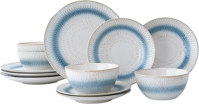 12 Pieces Ceramic Dinnerware Sets, Handmade Reactive Glaze Plates and Bowls Sets, Stoneware Set, Dishwasher & Microwave Safe Dishes set, Blue Relievo