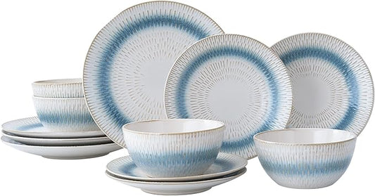 12 Pieces Ceramic Dinnerware Sets, Handmade Reactive Glaze Plates and Bowls Sets, Stoneware Set, Dishwasher & Microwave Safe Dishes set, Blue Relievo