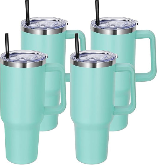 DOMICARE 40 oz Tumbler with Handle and Straw, Stainless Steel Tumbler with Lid and Straw, Reusable Vacuum Insulated Cup, Travel Coffee Mug, Mint Green, 4Pack