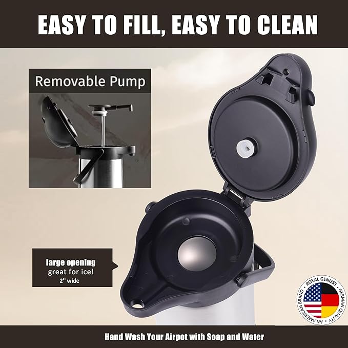 Airpot Coffee Dispenser 102 oz (3L) with Pump, Drip Tray and Cleaning Brush - Stainless Steel Insulated Carafe - 24 Hour Heat Retention - 36 Hour Cold Retention - 2 Gifts are included