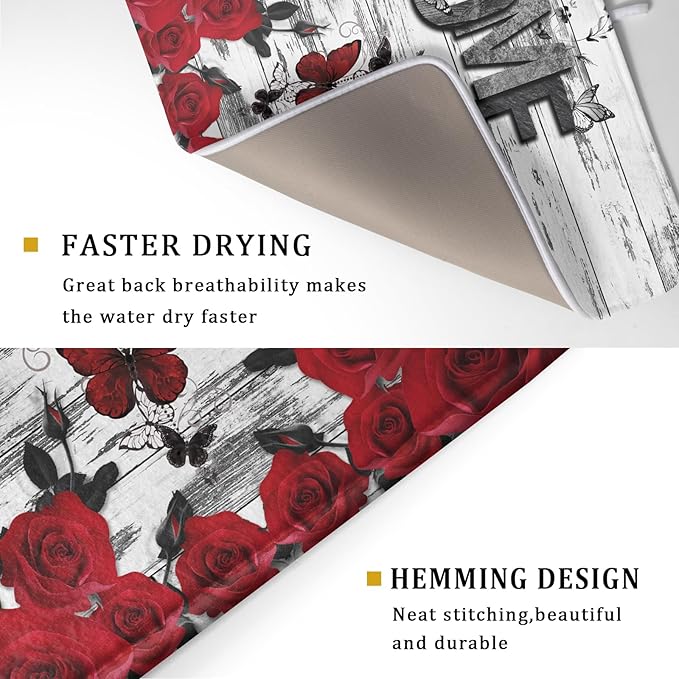 Red Rose Dish Drying Mat 18x24 inch Romantic Floral Absorbent Microfiber Sink Counter Dishware Drainer Pad for Kitchen Coffee Bar Decor