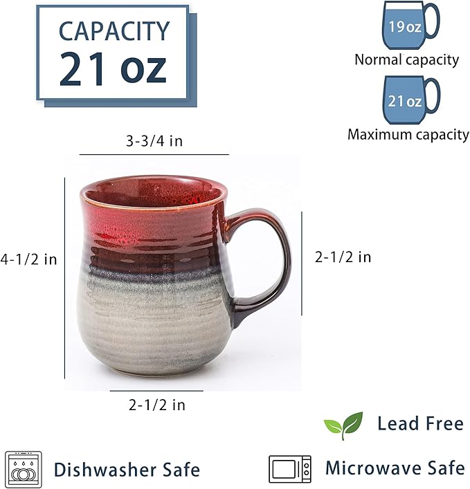 21 oz Large Ceramic Coffee Mugs, Pottery Mug Handmade, Ceramic Tea Cups with Handle for Office and Home, Dishwasher and Microwave Safe (Ink Red)