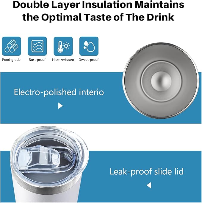 20 oz Skinny Tumblers with Lid and Straw,Stainless Steel Vacuum Insulated Tumbler Cup Double Wall Travel Coffee Mug, Thermal Water Tumbler for Hot and Cold Drinks(White,8)