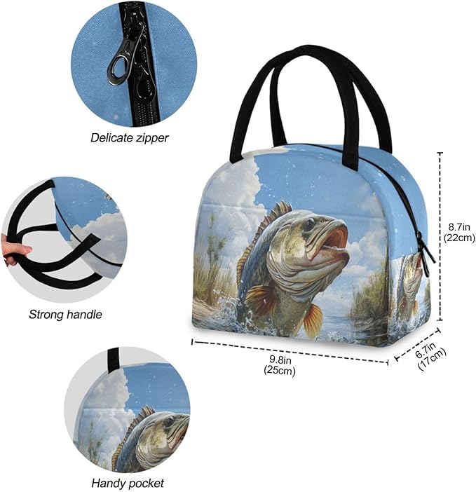 Bass Fish Lunch Bag for Women Men Reusable Insulated Lunch Tote Bag for Office Work School Picnic Hiking