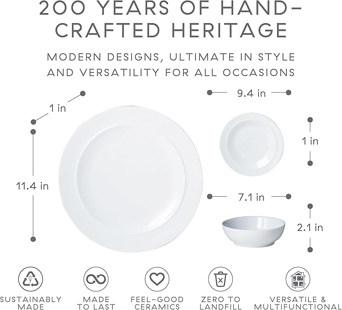 Denby - White By Denby Dinner Set For 4-12 Piece Tableware Set - Fine Porcelain Dinnerware Set - Dishwasher Microwave Oven Safe, Scratch Resistant - 4 x Dinner Plates, Small Plate & Cereal Bowls