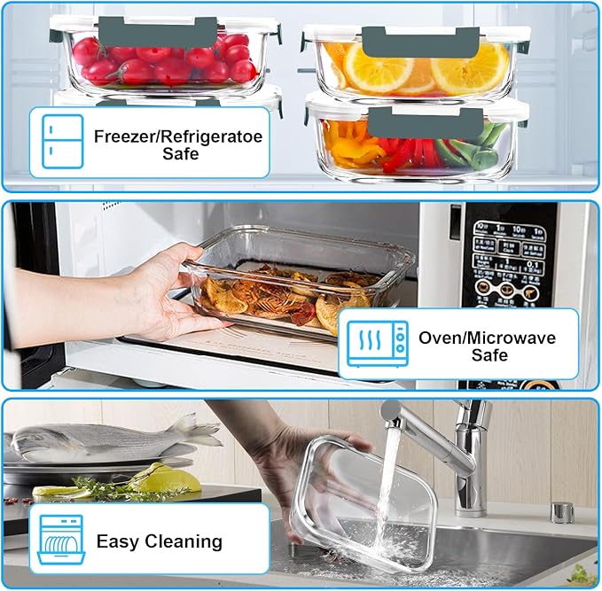 VERONES 5 Pack 36 OZ Glass Meal Prep Containers, Airtight Glass Lunch Containers Set, Glass Food Storage Containers with Lids,Exclusive of BPA, for Microwave, Oven, Freezer & Dishwasher Friendly,Grey